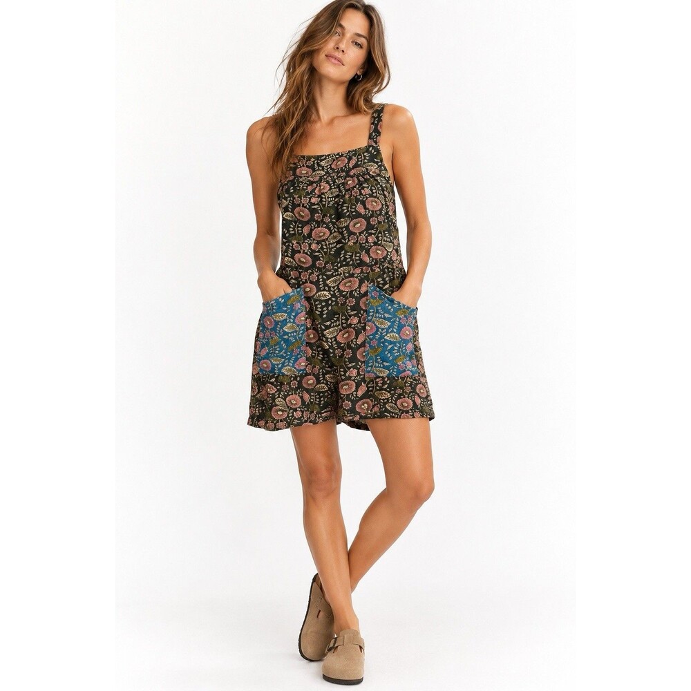 Natural Life XS Floral Patchwork Cotton Romper Overalls Boho Tie Back Pockets